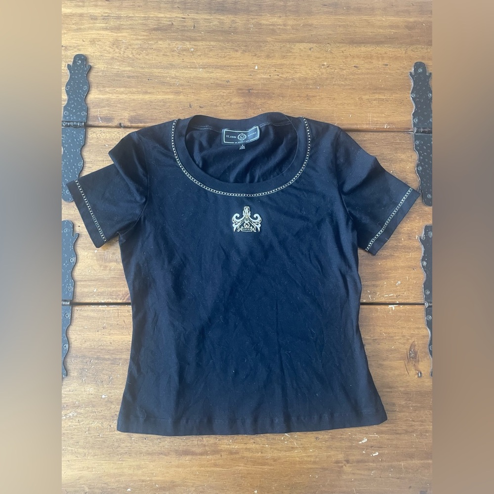 Vintage St. John Sport Marie Gray Black T-Shirt Crest Stud Rhinestone Small S